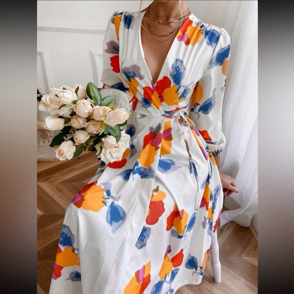 Boho Water Color Abstract Print Wrap Dress - Picture 6 of 7